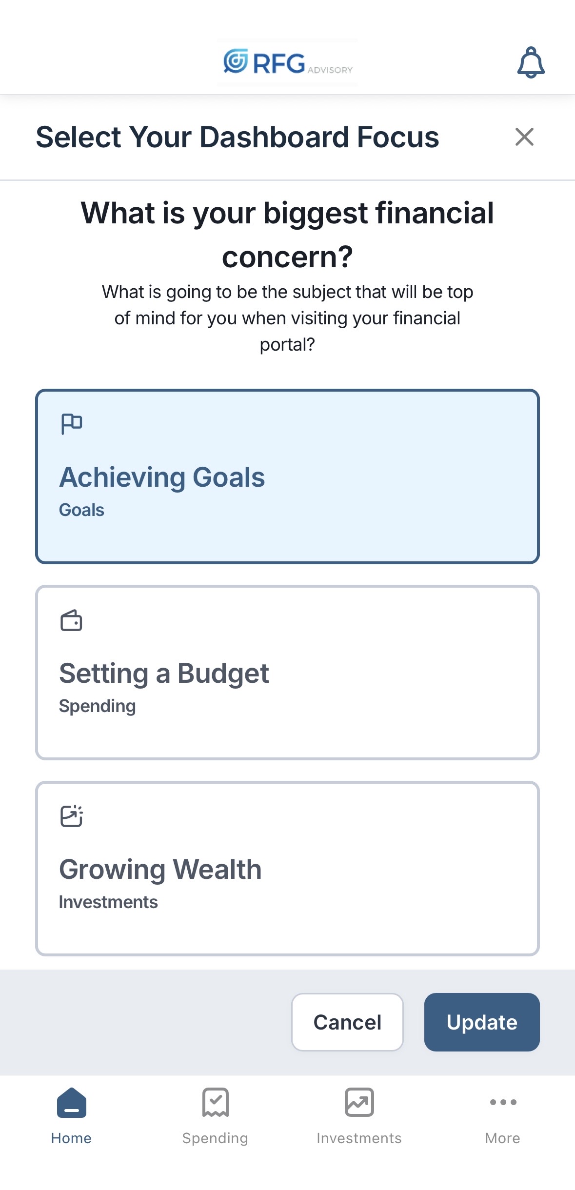 The eMoney app showing a dashboard focus prompt